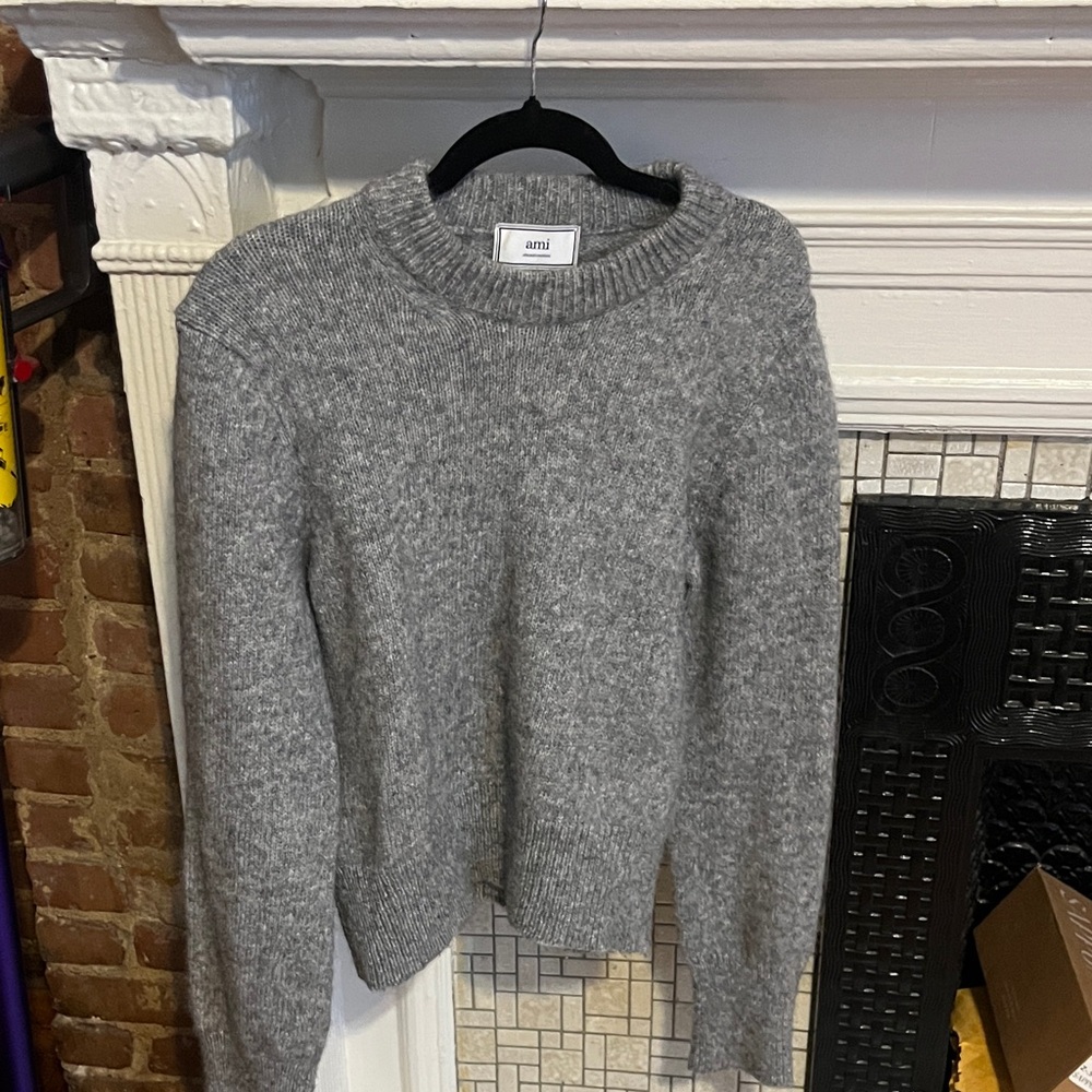 Ami Mid-Weight Gray Ribbed Crew Sweater